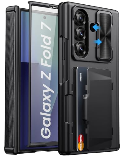 SIXBOX for Samsung Galaxy Z Fold 7 Case With Card Holder Built-in & Screen Protector & Hinge Protection & Slide Camera Cover Rugged Wallet Protective Phone Cover Case for Galaxy Z Fold 7 2025 Black