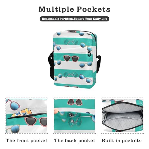 Crossbody Bag Sunglasses Turquoise White Stripes Messenger Bag for Women Men Purse Shoulder Bag Satchel Bag with Adjustable Strap 214C16032