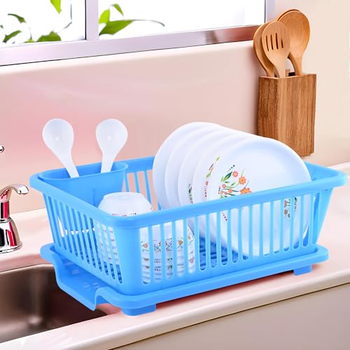 Image of Kuber Industries Plastic Sink Dish Drainer Rack | 3 in 1 Large Durable Drainer Drying Rack Washing Basket with Tray | Home & Kitchen Dish Rack Organizers, Utensils Tools Cutlery - Blue