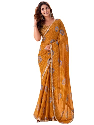Image of AKHILAM Women's Bandhani Printed Chiffon Saree with Blouse