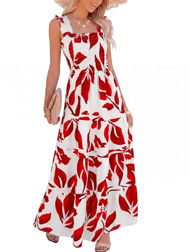 Image of Caracilia Womens Summer Maxi Dresses Floral Smocked Sleeveless Ruffle Boho Casual Flowy Aline Beach Vacation Long Sundress