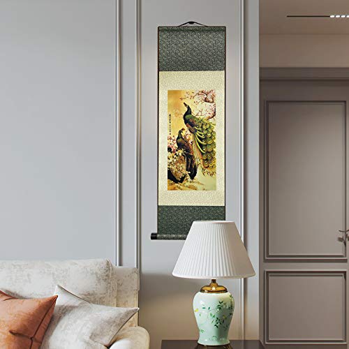 Atfart Asian Wall Decor Beautiful Silk Scroll Painting Birds - Peacock - Cuiyu Pixia Oriental Decor Chinese Art Wall Scroll Wall Hanging Painting Scroll (39 X 12 In) #TOP7