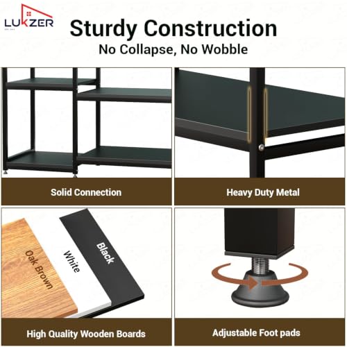 Image of Lukzer Heavy Duty Garment Rack with 8 Shelves & Hanging Rod | Free-Standing Modern Clothes Stand Metal & Engineered Wood Shoe Rack with Adjustable Foot Pads for Living Room - MMR-004 /Black & Black