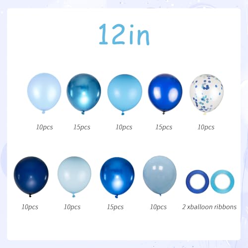 Image of 100pcs Blue Balloons Set - 12inch Metallic Chrome, Pearl, Navy & Pastel Royal Dusty Blue Balloons for Birthdays, Father's Day, 2026 Graduation Party Decorations (2 Ribbons)