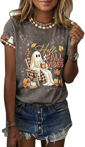 Nigbriz Hello Fall Vibes Ghost Graphic Women's Crew Neck Shirt,Khaki-1,S