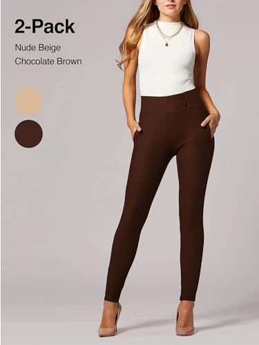 Conceited 2-Pack Stretch Slacks for Women - Wear to Work - Slim Leg Dress Pants with Pockets - Khaki, Brown - (Large)2