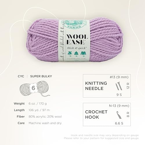 Image of Lion Brand Yarn Wool-Ease Thick & Quick Yarn, Soft and Bulky Yarn for Knitting, Crocheting, and Crafting, 3 Pack, Fairy | Super Bulky Wool Acrylic Blend Fiber for Soft Hats, Sweaters, Chunky Blankets, Yarn for Crochet, Knitting, Crafts, Weaving