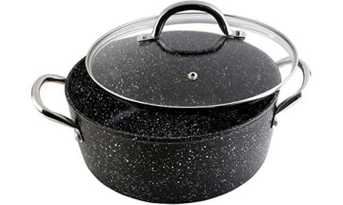 WECOOK! Granite Casserole Dish High Induction Complete 24 cm Glass Lid, Forged Aluminium 4.2 Litres, Eco-Friendly Non-Stick PFOA Free Stone, Steel Handles, Suitable for All Cookers, Ceramic, Gas, Oven