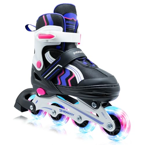SMOOJOY Inline Skates for Kids Light-Up Wheels Aluminum Frame Black Rose Red Blade Skate for Boys and Girls S, M, L Sizes, Ages 8-12, Perfect for Beginners Indoors and Outdoors