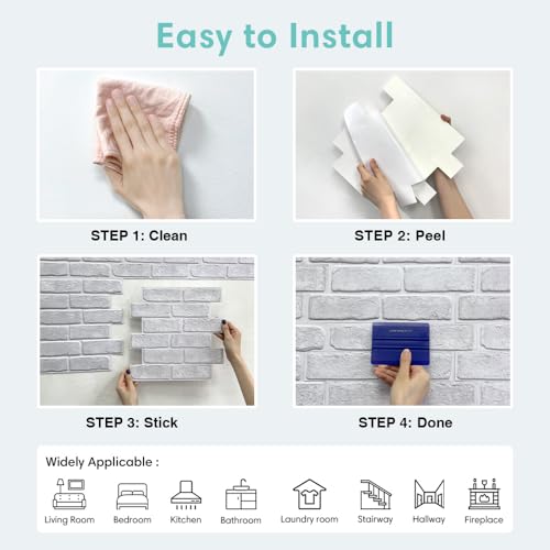Commomy 10 Stück 3D Wandpaneele Steinoptik Selbstklebend 30 x 30 cm Weiße Ziegel 3D Steinoptik Tapete PVC Steintapete Selbstklebende Wandverkleidung für Innen Wohnzimmer Schlafzimmer Kamin