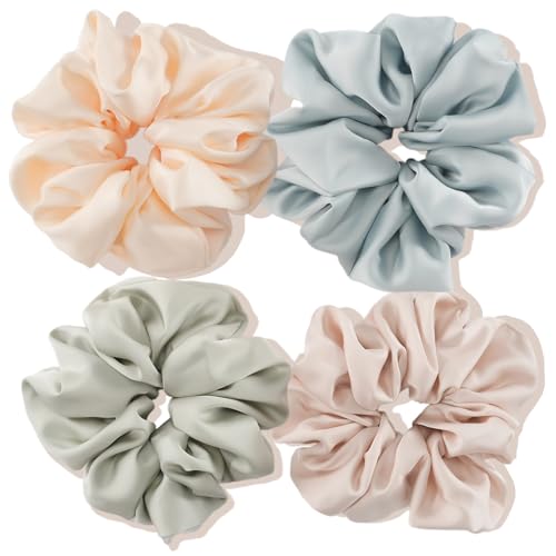Lolalet 4 Grand Chouchous Cheveux en Satin Diamètre 15CM, Grosse Élastique en Soie Scrunchie, Chouchou Cheveux Colorés pour Femme Fille Cheveux Épais/Fins/Bouclés -Style E