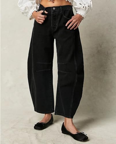 LOAIHA Womens Barrel Jeans Y2k Wide Leg Cropped Baggy Jeans Vintage Mid Rise Loose Boyfriend Denim Pants2
