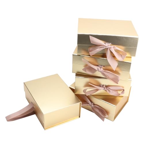 MEIANJU Golden Gift Boxes 8.7x6.5x3.5 Inches with Ribbon Foldable Gift Boxes Set of 5 Glossy Finish Magnetic Gift Boxes for Luxury Presentations and Groomsmen Proposal