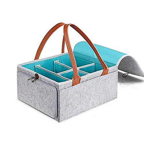 Image of Large Diaper Caddy Organizer Baby Nursery Storage Basket with Zipper Lid and Leather Handle Baby Wipes Stacker Bin Holder - 38 x 25 x 18 cm