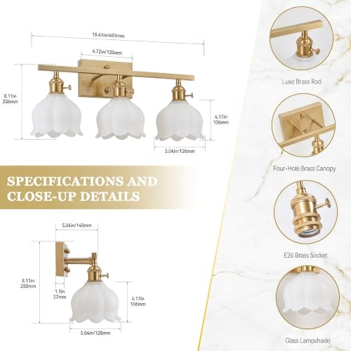 Image of 3-Light Vintage Bathroom Vanity Light, 19.4 inch Brass Hardwired Wall Sconce with Amber Tulip Glass Shades, Brushed Gold Vanity Light for Mirror, Restroom, Bedroom (White, 3-Light)