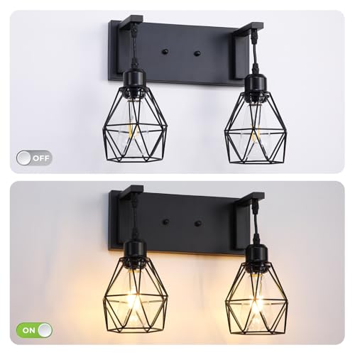 Image of Somniferous Farmhouse Bathroom Light Fixtures, 2 Light Bathroom Vanity Light Over Mirror, Black Bathroom Light with Caged Metal Shade, Rustic Wall Sconce for Bedroom, Living Room, Hallway, E26 Socket