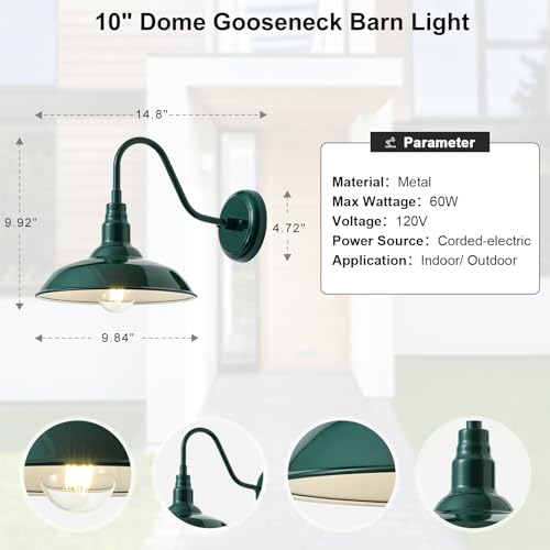 Image of 10in Outdoor Gooseneck Barn Light Wall Mount, Green Exterior Farmhouse Porch Lights with White Interior Small Dome Outdoor Patio Gooseneck Wall Sconce Garage Lighting for House, Cabin
