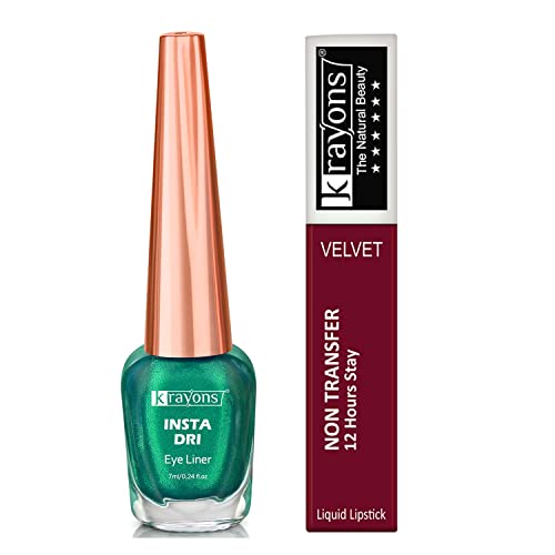 Image of Krayons Insta Dri Sparkling Eyeliner, Green, 7ml And Power Stay Nontransfer 12hrs Stay Matte Liquid Lipstick, Maroon Magic, 4ml