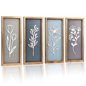 DETENE 4 Pieces 3D Boho Decor Wall Farmhouse Bohemian Wall Art Mid Century Floral Wood Wall Hangings 3D Line Floral Artwork for Bedrooms Living Rooms Home Kitchen Wall Decor