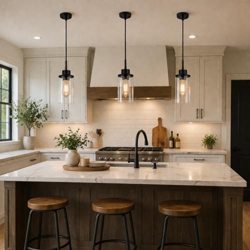 DALIVOL Modern Black Farmhouse Clear Glass Cylinder Pendant Light Fixture,Ceiling Hanging Metal Industrial Mini Pendant Lighting for Kitchen Island Dining Table Bedroom Hallway Foyer… by DALIVOL - Image 7