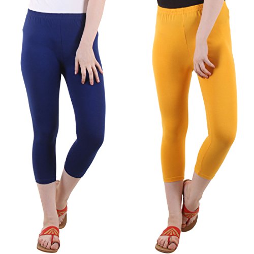 Image of DIAZ Women Cotton Stretchable Capri | Slim /Regular Fit | Breathable Yoga, Gym & Lounge Wear | High-Waist Stretchable 3 /4 Length Leggings with Wide Waistband - Pack of 2