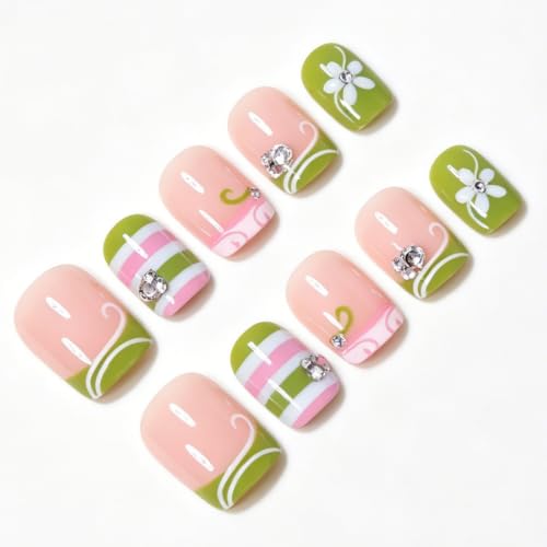 Image of Green White Press on Nails Stripe Fake Nails Short Square Nails Press ons | Flower False Nails with Rhinestone Design French Tip Stick on Nails for Women Reusable Glossy Full Cover Manicure 24Pcs