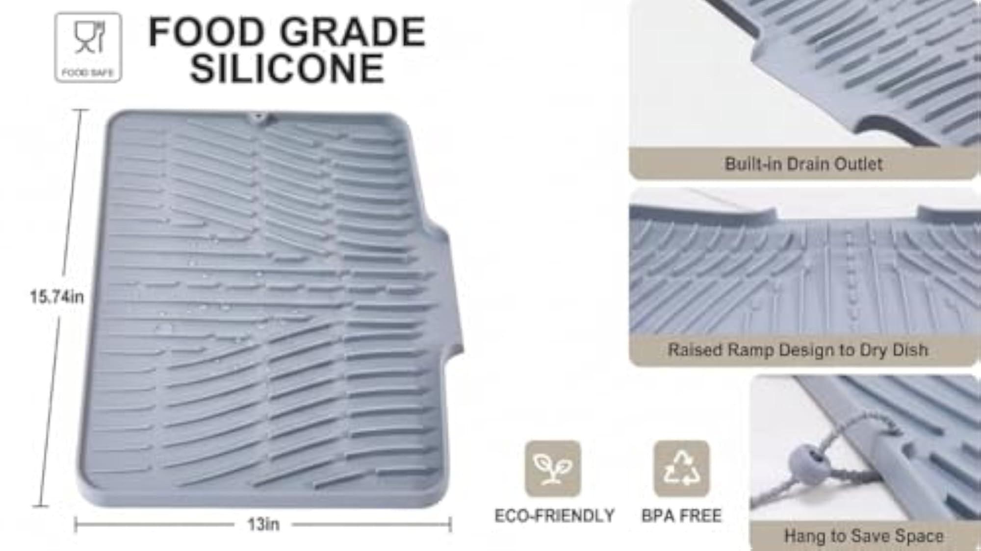 Silicone Dish Drying Mat, Compact & Easy Clean Tray