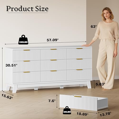 Image of BORNOON Fluted 9 Drawer Dresser, 57.1 inch Wide Modern Boho Chest of Drawers, Wooden Storage Dresser TV Stand for Bedroom, Living Room, Closet, Hallway, Curved Profile Design