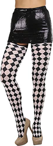 Image of ToBeInStyle Women's Harlequin Checkered Diamond Optical Illusion Opaque Tights Pantyhose - Black & White
