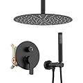 KOJOX Matte Black Shower System - Ceiling Mount Shower Faucet Set with 12" Rainfall Shower Head and Handheld Sprayer, Complete Shower Combo Set with Valve