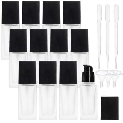 Bekith 12 Pack 1oz/30ml Empty Foundation Bottle, Frosted Glass Pump Bottles for Lotion Liquid Cream, Foundation Sample Bottle Cosmetic Travel Container with 3pcs Funnels and 3pcs Droppers