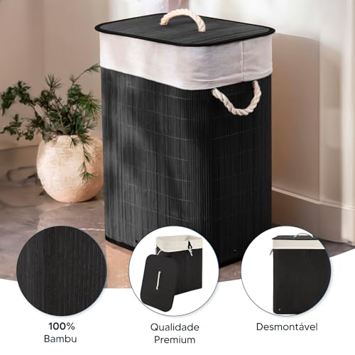 Cesto de Roupas Bambu 57L / 60L / 104L Redondo Retangular Duplo Banheiro Lavanderia Com Tampa Bambu