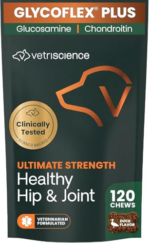 VetriScience Ultimate Strength Healthy Hip & Joint Chews, GlycoFlex Glucosamine, Chondroitin and Green-Lipped Mussel Joint Support Supplement for Dogs, Soothe Joint Discomfort, Duck, 120 Count