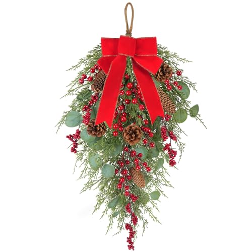 HO2NLE Christmas Swags Teardrop Wreath with Pine Cone Red Berry