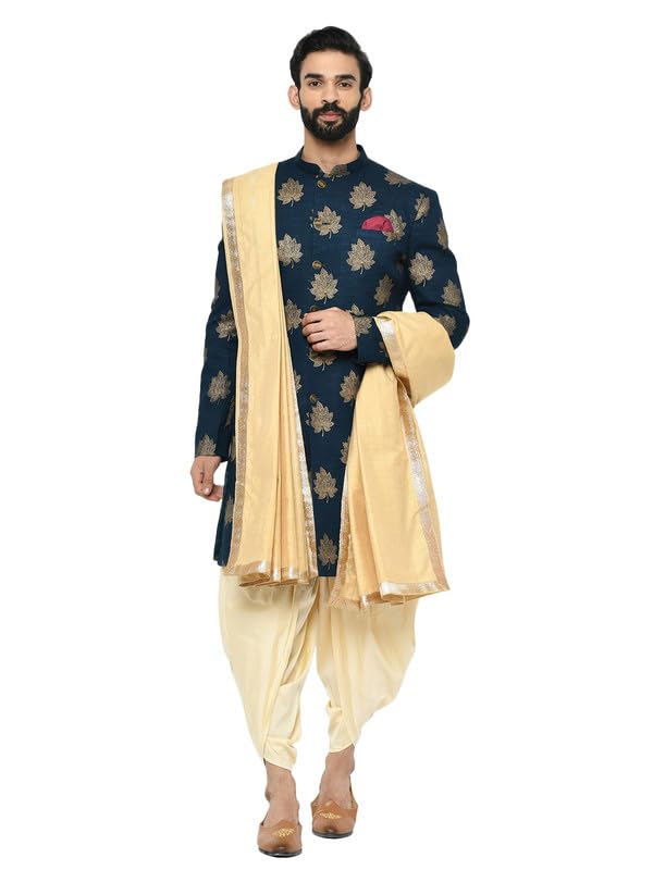 kisah Men's Indo-Western Sherwani Dhoti With Dupatta Set, Blue Cotton Blend, Foil Print Regular Fit Mandarin Collar Long Sleeves-picture-12