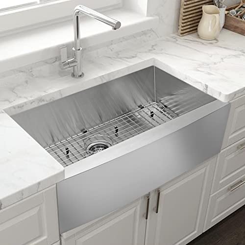 Jassferry Apron Front Farmhouse Kitchen Sink 16-Gauge Stainless Steel 33-Inch Rounded Curved Undermount Farm Sink With Single Bowl Bottom Grid, 33" X 21" X 10" #TOP1