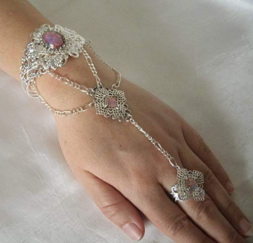 Pink Opal Slave Bracelet, Handmade Jewelry Boho Bohemian Hippie Gypsy Flower Hand Chain #TOP1