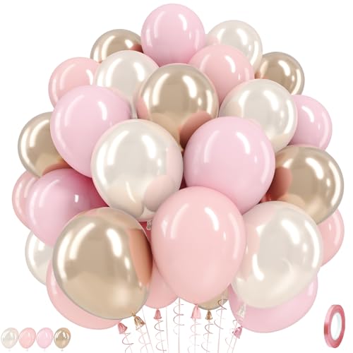Image of Pink and Gold Balloons, 12 Inch Pastel Light Pink and Pearl Sand White Latex Balloon with Metallic Champagne Gold Beige Balloon for Boho Princess Women Birthday Baby Bridal Shower Wedding Engagement