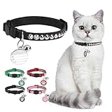 DILLYBUD Leather Personalized Breakaway Cat Collar with Studded Bell and Safety Quick Release Buckle - Rivets Studded ID DIY Collars for Boy Girl Cats Kittens, 9' - 11.5' Black