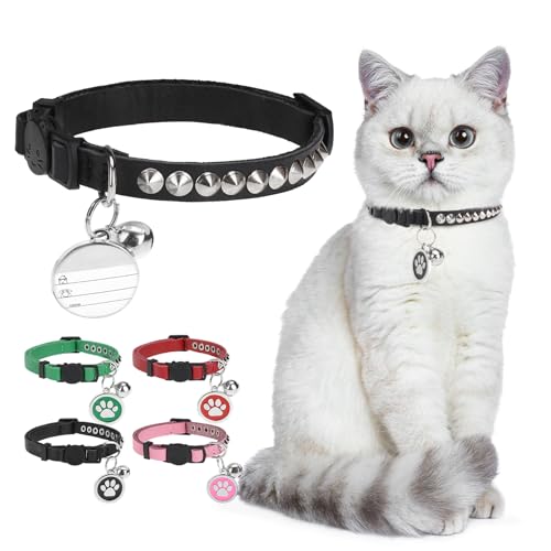 DILLYBUD Katzenhalsband aus echtem Leder, mit Nieten besetzt, personalisierbar, Katzenhalsband, Nieten, ID-Halsbänder, kleine Hunde, Welpen