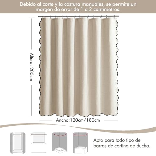 Miniatura 6 de Miulee Cortina De Ducha De Lino Texturizado Ondulado 180x200 Cm Beige, Cortinas De Ducha Impermeables De Lujo Para Hoteles, Cortina De Baño De Tejido Lavable Antimoho Con 12 Ganchos De Metal.