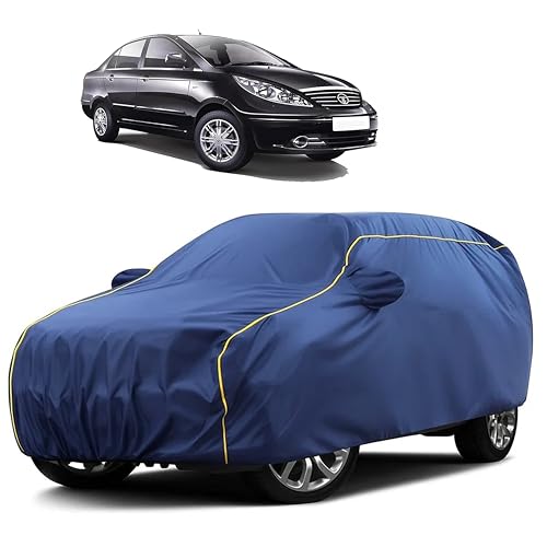 Image of Sulfar 100% Water Resistant Car Body Cover Compatible with Mirror for Tata Manza (Triple Stitched, Full Bottom Elastic, Blue Taffeta with Yellow Piping)