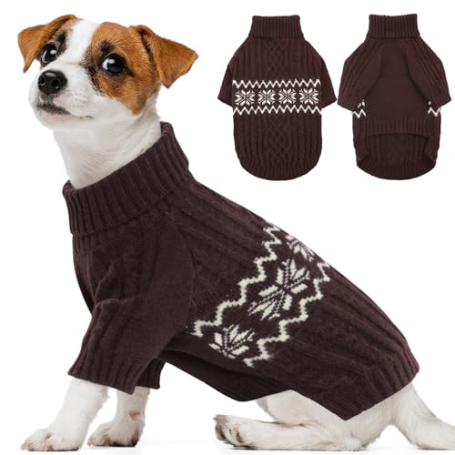 Kuoser Small Dog Sweater, Boy & Girl Christmas Outfit, Puppy Knitted Turtleneck Warm Dog Clothes for Pug, Dachshund, Coffee S Brown S (Chest: 14.6'' / 37cm)