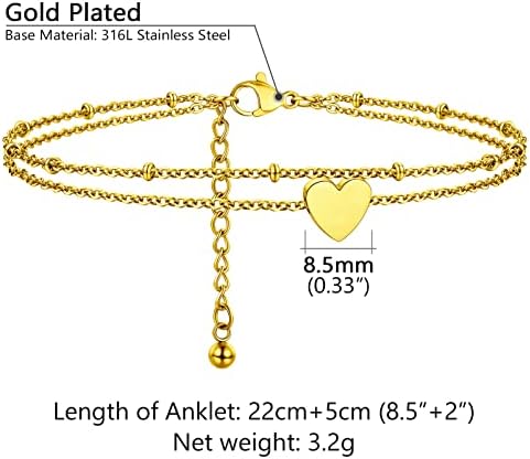 PROSTEEL Heart Double Layer Anklets, Teen Girls/Women Jewelry, Gold Plated/316L Stainless Steel (Send Gift Box)