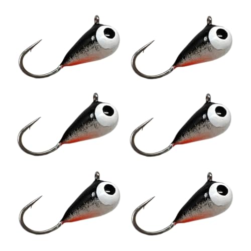 Reaction Tackle Tungsten Ice Fishing Jigs, Tear Drop Jig Heads that Glow with UV Light for Panfish, Crappie, Walleye, Perch, Trout and Bluegill - Black/White Glow 6-pcs 5 mm