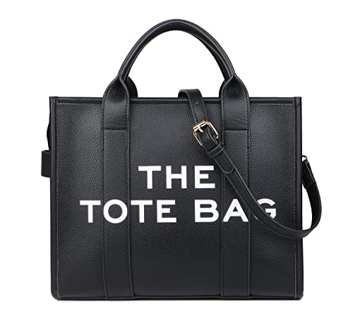 The Tote Bag for Women, PU Leather Tote Bag, Shoulder, Crossbody or HandBag for Work, Travel (10.6X13X6.3in) (Black)