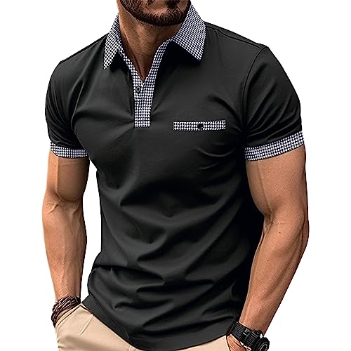 Men’s Classic Polo Shirt Casual Short Sleeve Plaid Splice T-Shirts Regular-Fit Business&Golf Polo Shirts