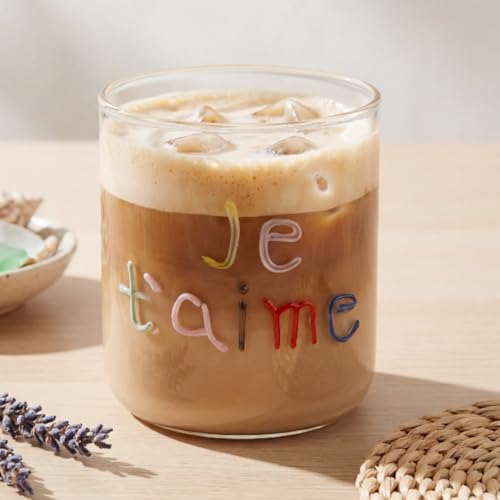 Maxdot German Gift Je T'aime Love Notes Juice Glass Summer 14.5oz Stemless Glasses Cups Set for Gift Engagement Wedding Party Women Girlfriend Wife Valentines Present