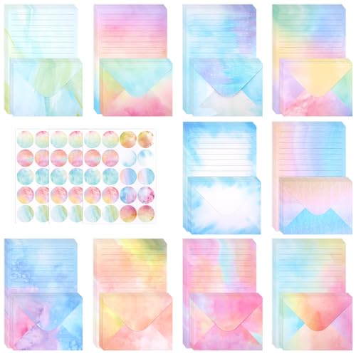 160 Stück Aquarell Briefpapier mit Umschlag Set, 50 Stück Briefumschläge mit 50 A5 Briefpapier Liniert & 60 Runde Klebepunkte, Schönes Briefumschläge Set für Liebesbriefe, Geburtstag & Dankeskarten