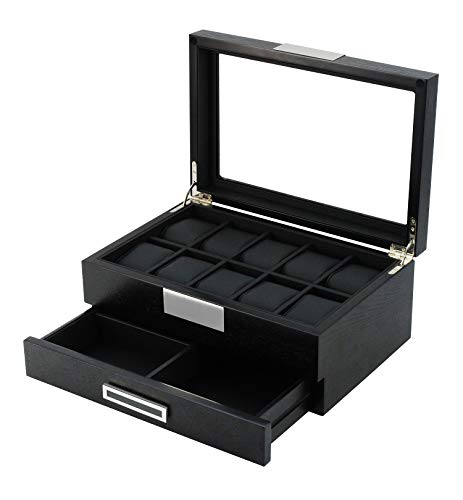 Top Quality Black Wood watch Storage Box Organizer with Valet Drawer